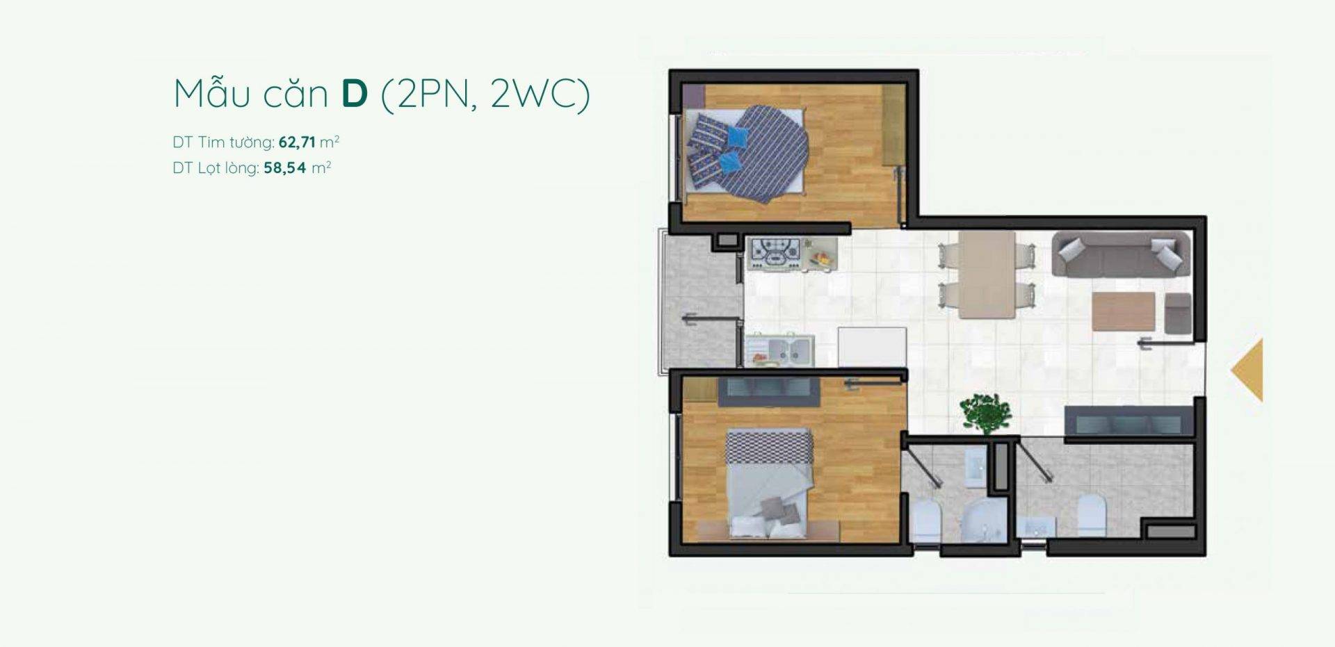 Thiết kế mẫu D căn hộ 2 phòng ngủ Minh Quốc Plaza