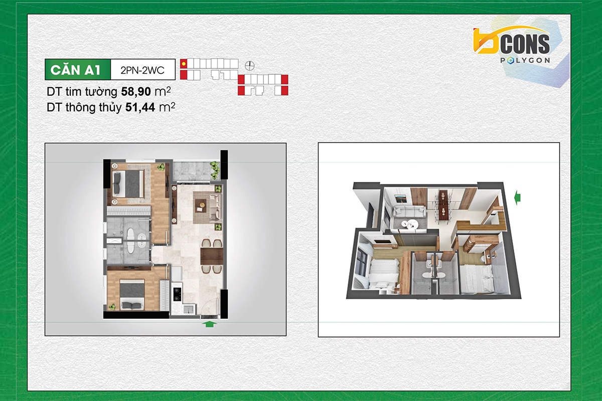 Mẫu căn hộ 2 phòng ngủ 2 nhà vệ sinh dự án Bcons Polygon