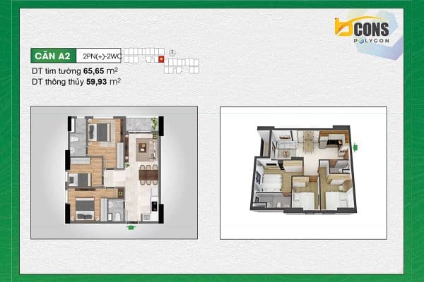Mẫu căn hộ 2 phòng ngủ 2 nhà vệ sinh dự án Bcons Polygon - diện tích 65,65m2