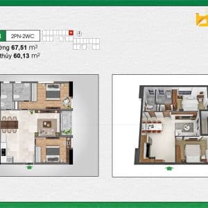 Mẫu căn hộ 2 phòng ngủ 2 nhà vệ sinh dự án Bcons Polygon - diện tích 67,51m2