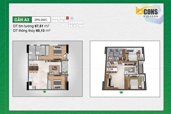 Mẫu căn hộ 2 phòng ngủ 2 nhà vệ sinh dự án Bcons Polygon - diện tích 67,51m2